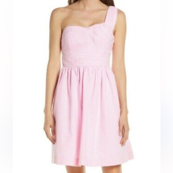 Lilly Pulitzer‎ Addison one shoulder Pink seersucker  Sundress 12 - Picture 1 of 7